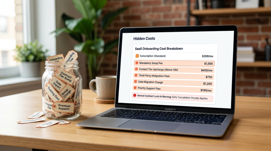 Hidden SaaS costs concept showing mandatory onboarding fees contact tier pricing integration costs and annual contract lock-in warning with orange accent highlights