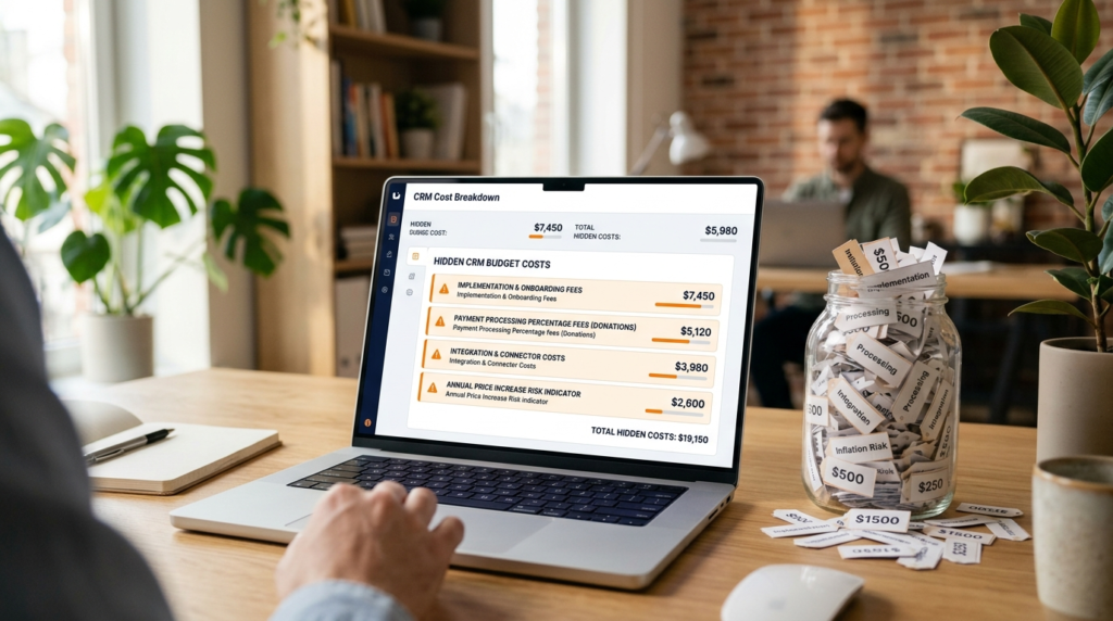 Hidden CRM budget costs concept showing implementation fees payment processing percentages integration costs and annual price increase risk with warning accents