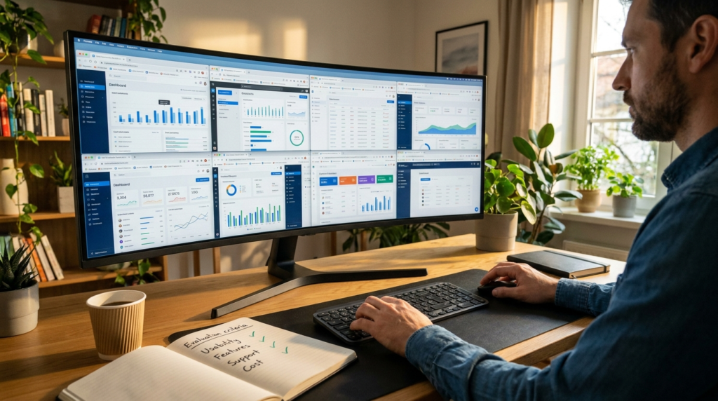 Researcher evaluating multiple SaaS platforms with browser tabs open showing different software dashboards and evaluation notes