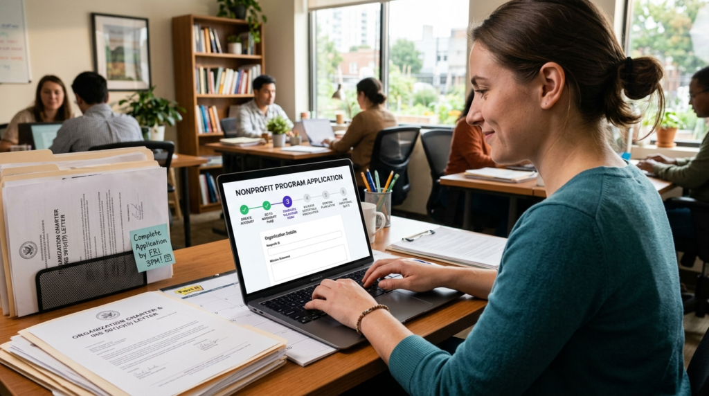 Nonprofit staff member completing a six step Goodstack verification application with progress indicator nonprofit document and annual renewal calendar reminder