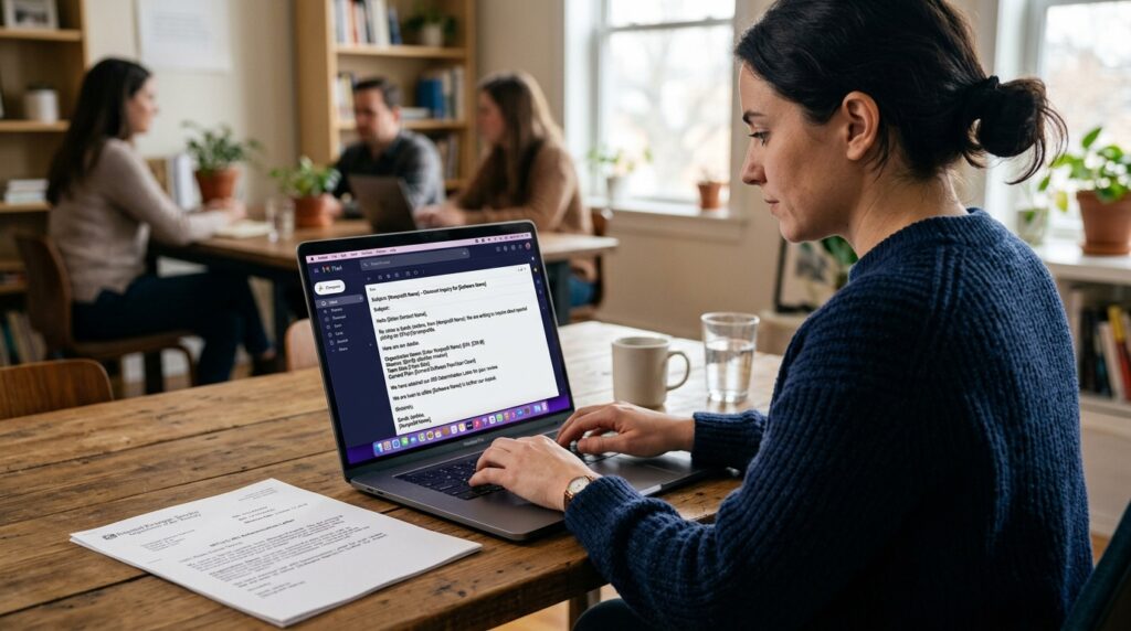 Nonprofit staff member writing a structured discount request email with 501c3 IRS determination letter on desk and email template with organization details visible on screen