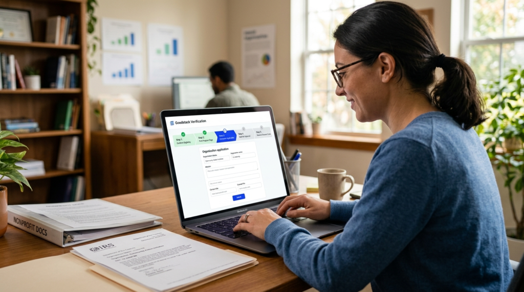 Nonprofit staff member completing a five step Goodstack verification application with progress indicator and 501c3 document on desk