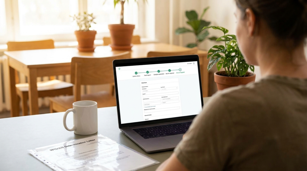 Nonprofit staff member completing an online discount application with step by step progress indicator and 501c3 documentation on desk