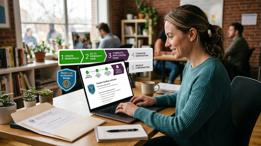 Nonprofit staff member completing a five step Slack nonprofit application with TechSoup verification badge and 501c3 determination letter on desk