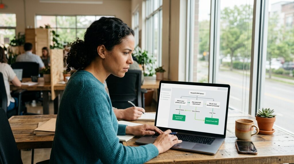 Nonprofit leader using a CRM decision framework flowchart with three questions about use case staff count and donation processing leading to recommended platform categories