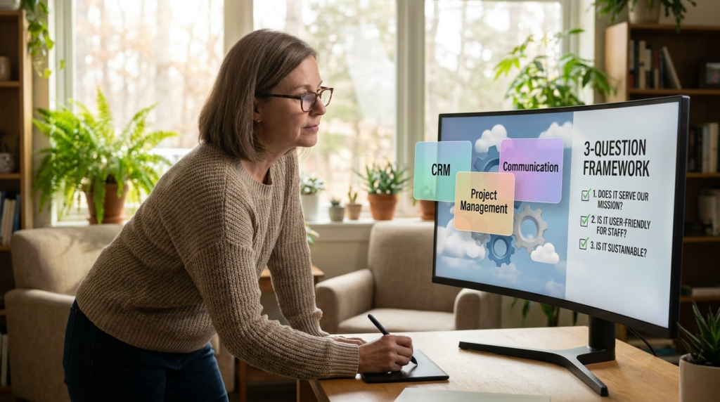 Nonprofit leader evaluating software options with three decision framework cards representing CRM project management and communication categories