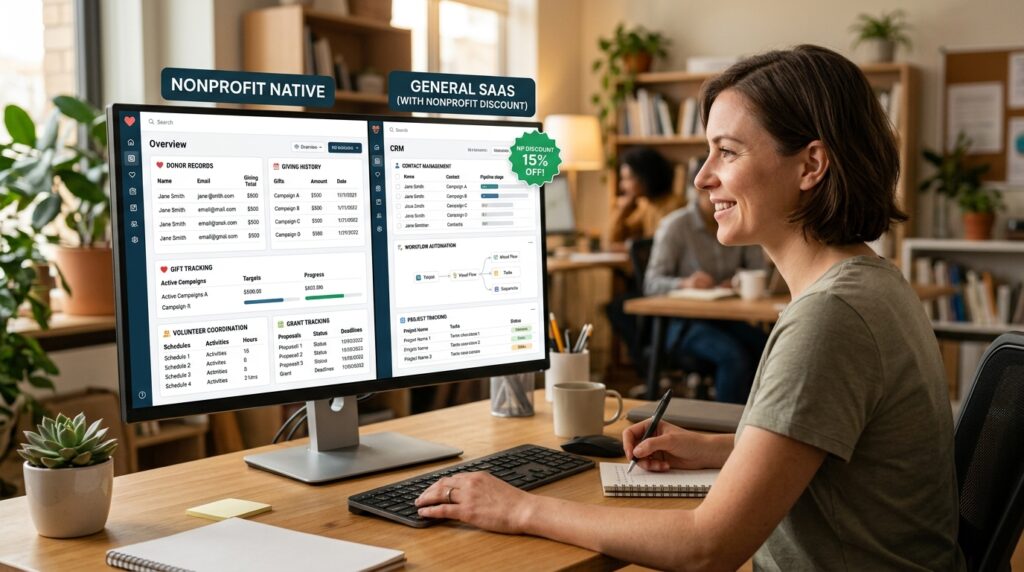 Split screen comparison of purpose-built donor management CRM with giving history and grant tracking versus general SaaS CRM with workflow automation and nonprofit discount badge