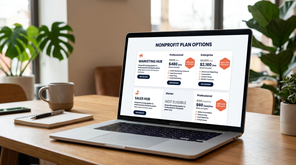 HubSpot nonprofit pricing table showing Marketing Hub Professional at $480 per month and Sales Hub Professional at $60 per seat after 40 percent nonprofit discount