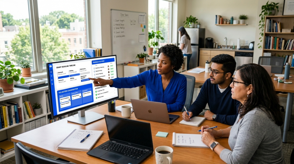 Nonprofit team using project management software showing grant deadline timeline program delivery tasks and volunteer coordination board with royal blue accents