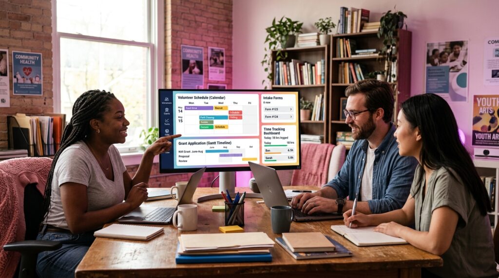 Nonprofit team using an all-in-one project management workspace with volunteer coordination calendar grant application Gantt timeline and time tracking dashboard