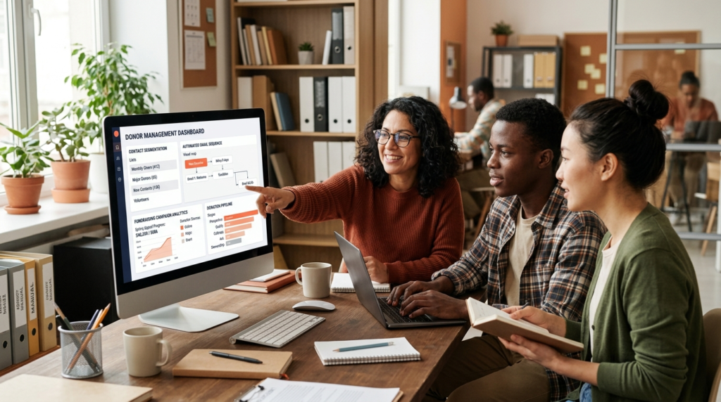 Nonprofit team using a CRM donor management dashboard showing contact segmentation automated email workflows fundraising analytics and donation pipeline
