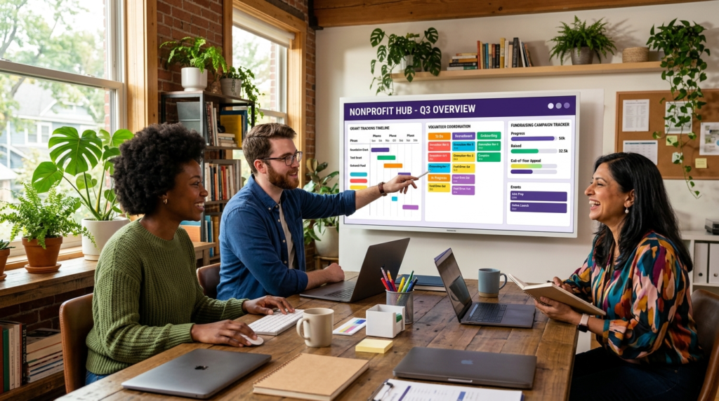 Small nonprofit team using a colorful visual project management board showing grant tracking timeline volunteer coordination and fundraising campaign boards