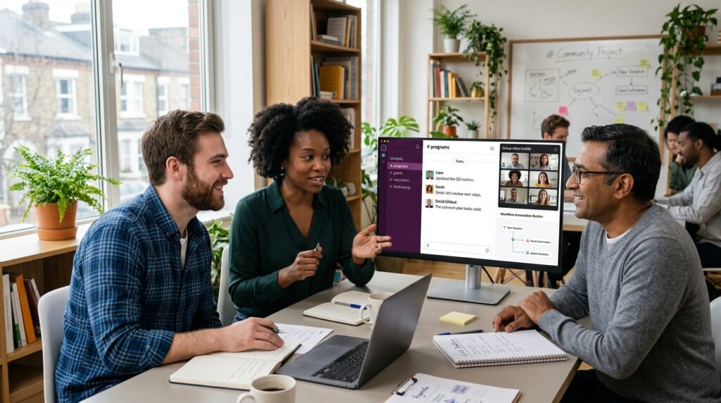 Nonprofit team using a team messaging platform with organized program grant volunteer and fundraising channels and group video huddle open