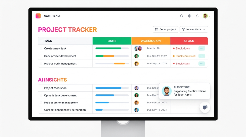 Monday.com-style colorful work management board with multicolor status columns, timeline bars, and team workload view