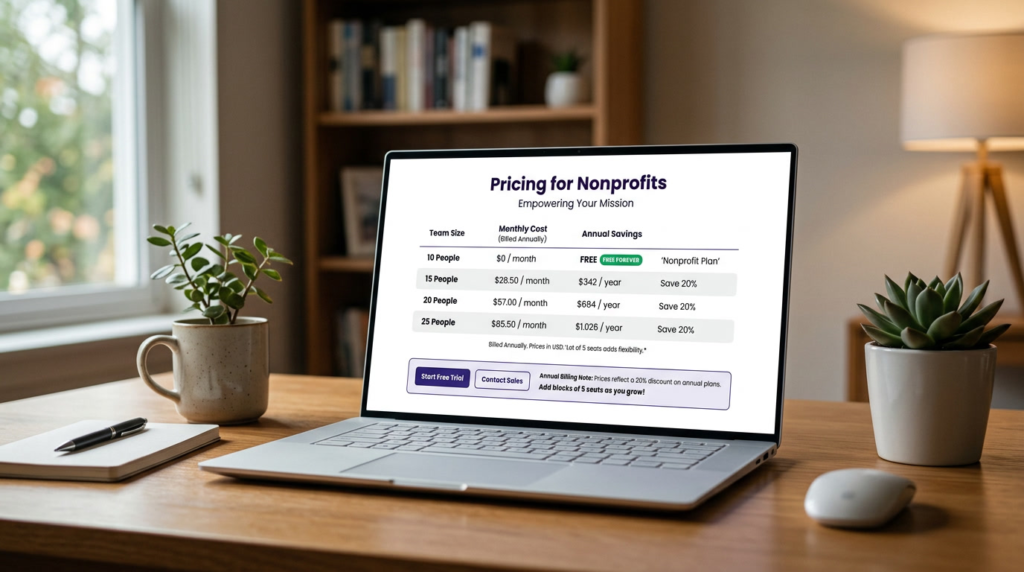 monday.com nonprofit pricing table showing team sizes from 10 seats free to 25 seats at $85.50 per month with 70 percent discount on additional seats in lots of 5