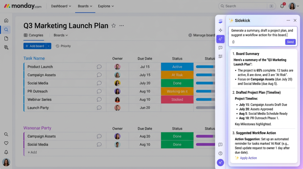 monday Sidekick AI assistant panel generating a board summary, project plan, and workflow action from a plain-language prompt