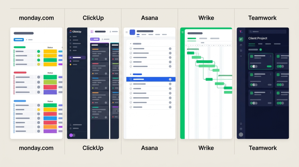 Side-by-side comparison of monday.com, ClickUp, Asana, Wrike, and Teamwork interfaces highlighting each tool's distinct visual design