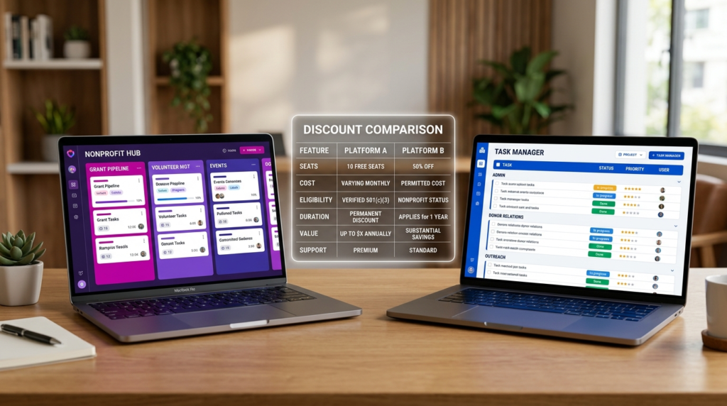 Side by side comparison of colorful visual board interface versus structured task list interface with nonprofit discount structures showing 10 free seats versus 50 percent off