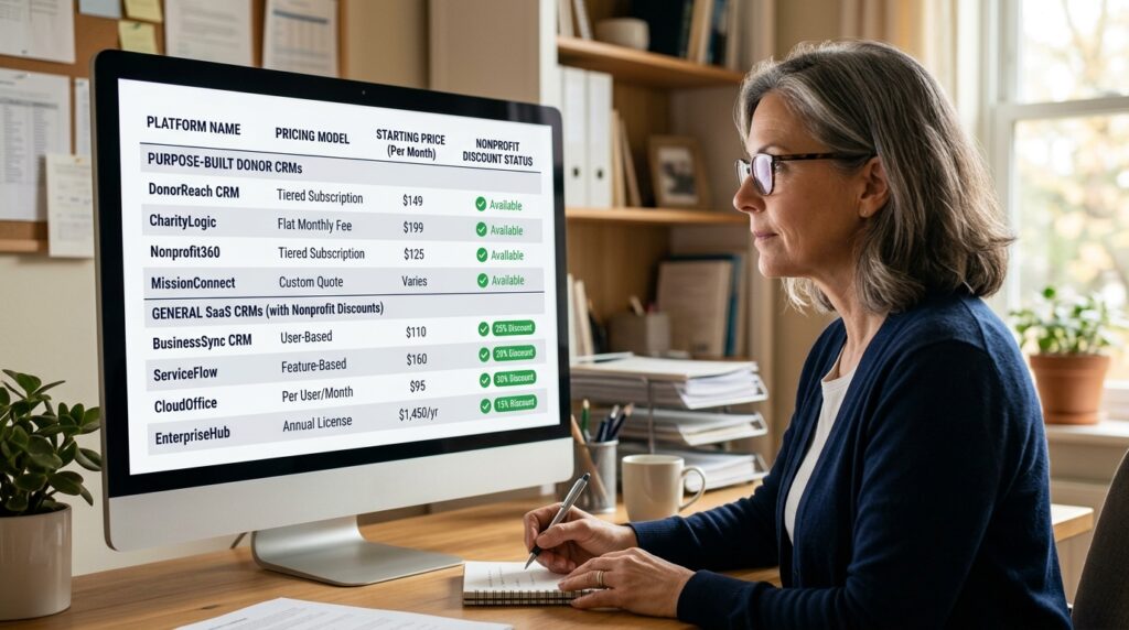Eight platform nonprofit CRM comparison table showing purpose-built donor CRMs and general SaaS CRMs with pricing models starting prices and nonprofit discount eligibility