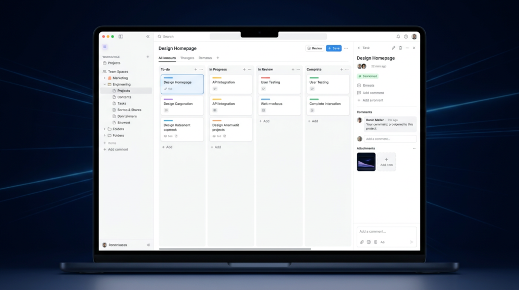 Notion-style flexible workspace with dark navy background, white kanban board, and hierarchical page sidebar