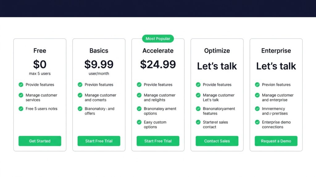 Teamwork.com pricing plan cards showing Free at $0, Basics at $9.99 per user per month, Accelerate at $24.99 per user per month, and Optimize and Enterprise at contact sales