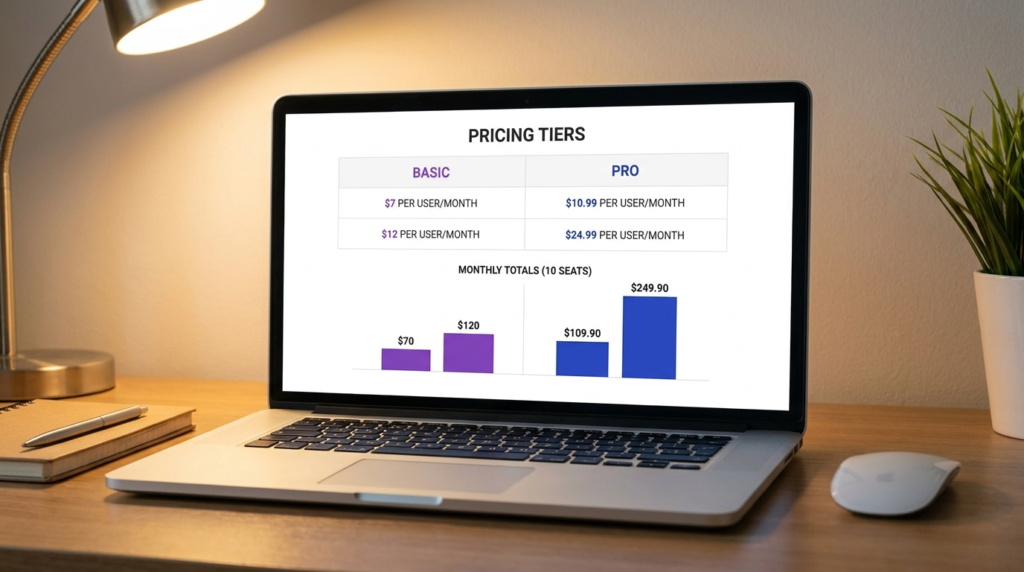 Per seat pricing comparison table showing ClickUp at $7 and $12 versus Asana at $10.99 and $24.99 with monthly cost bar chart at 10 seats