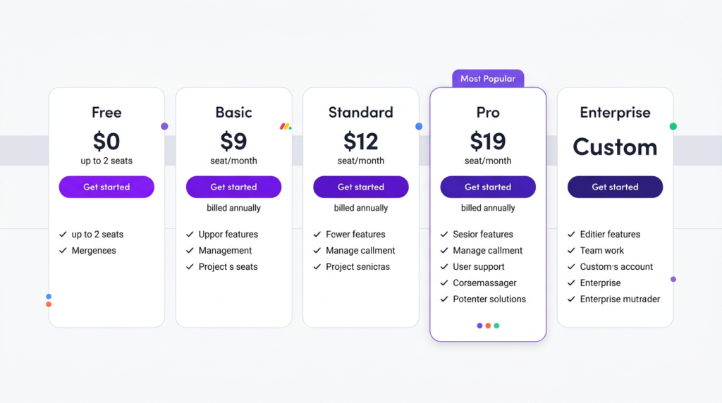 monday.com pricing plan cards showing Free at $0, Basic at $9 per seat per month, Standard at $12, Pro at $19, and Enterprise at custom pricing