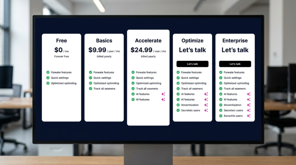 Teamwork.com pricing page mockup showing five plan tiers: Free at $0, Basics at $9.99, Accelerate at $24.99, Optimize, and Enterprise with feature checklists and AI icons