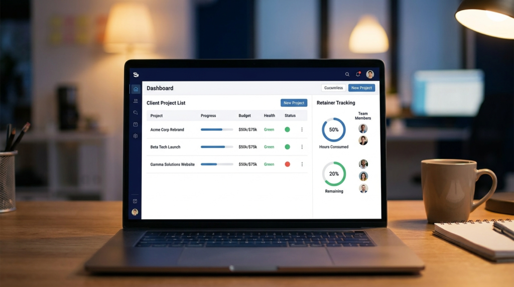 Agency project management dashboard showing client list with task completion, budget columns, health indicators, and retainer tracking panel