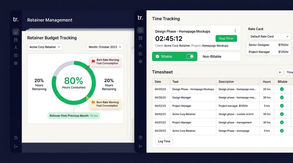 Teamwork.com retainer budget tracker showing hours consumed versus remaining with burn rate indicator alongside the billable time tracking interface with running timer and rate cards
