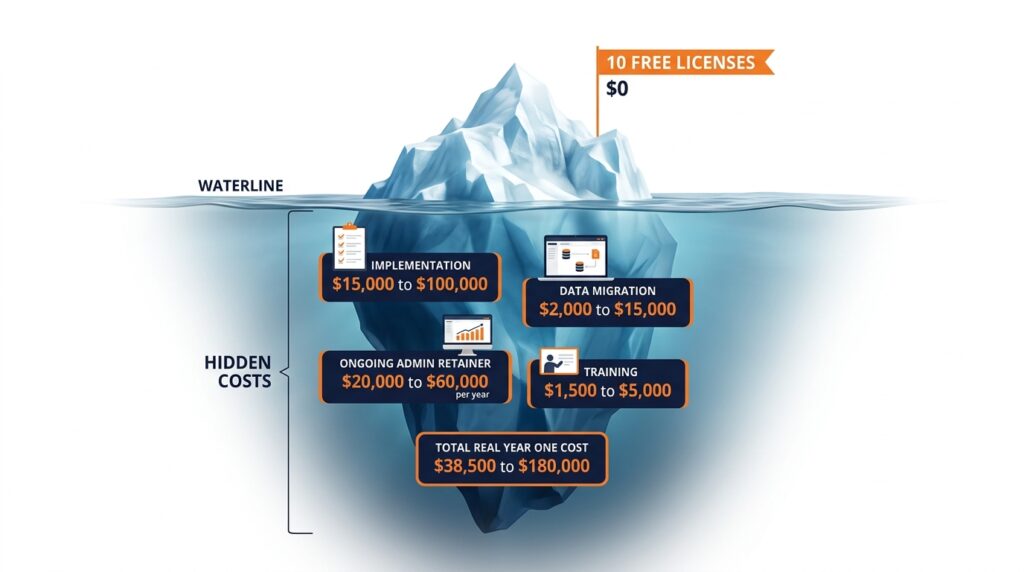 Salesforce total cost of ownership iceberg showing 10 free licenses at the tip above water and hidden implementation data migration admin and training costs submerged below
