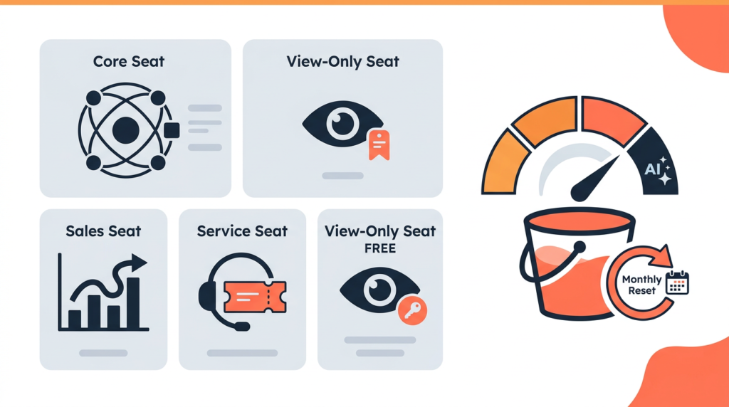 Infographic explaining HubSpot's pricing model — Core Seats, Sales Seats, Service Seats, free View-Only Seats, and monthly-reset HubSpot Credits for AI features