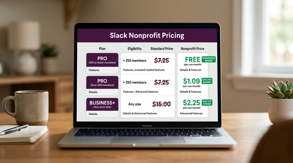Slack nonprofit pricing table showing Pro plan free for workspaces under 250 members and 85 percent off Pro and Business Plus plans for larger workspaces
