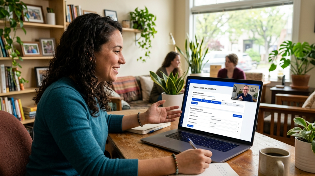 Nonprofit staff member on a pro bono video consultation with an implementation expert configuring project workflows and task templates