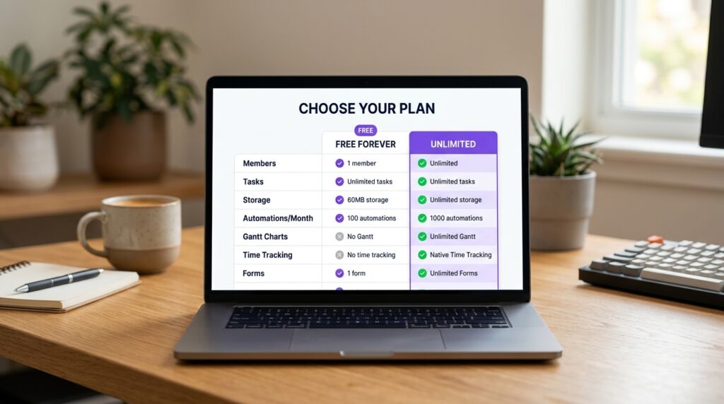 ClickUp Free Forever versus Unlimited plan comparison table showing storage automations Gantt charts time tracking and forms features with green checkmarks on paid tier