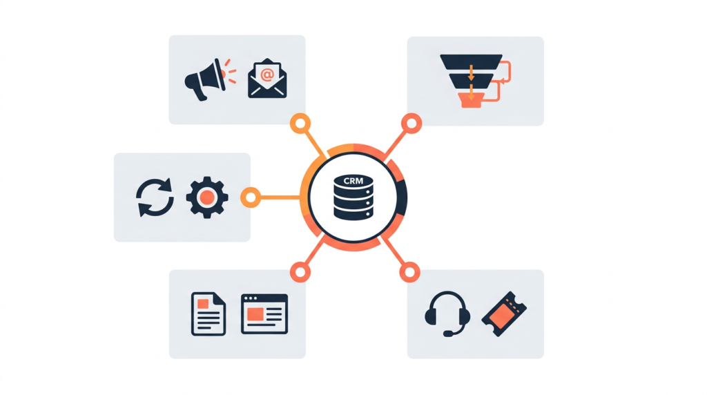 Diagram of HubSpot's five product hubs — Marketing, Sales, Service, Content, and Operations — connected around a central Smart CRM