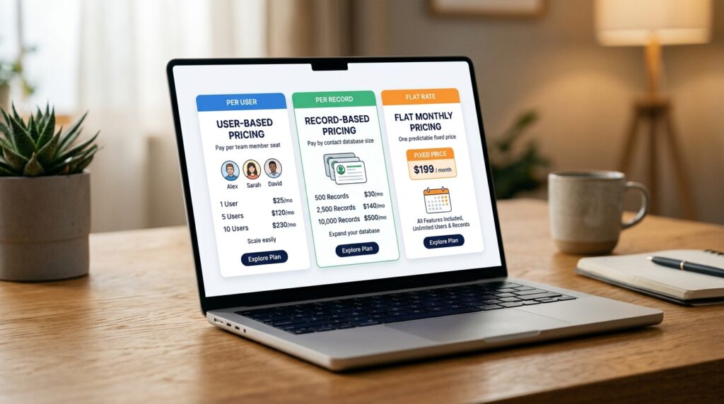 Three nonprofit CRM pricing models showing per user scaling cost, per record contact database tiers, and flat monthly fixed pricing cards with color coded headers