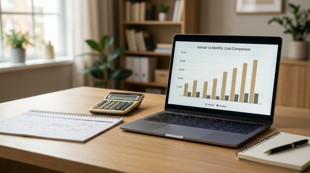 Financial planning concept showing annual versus monthly billing comparison chart on a laptop with calendar and calculator