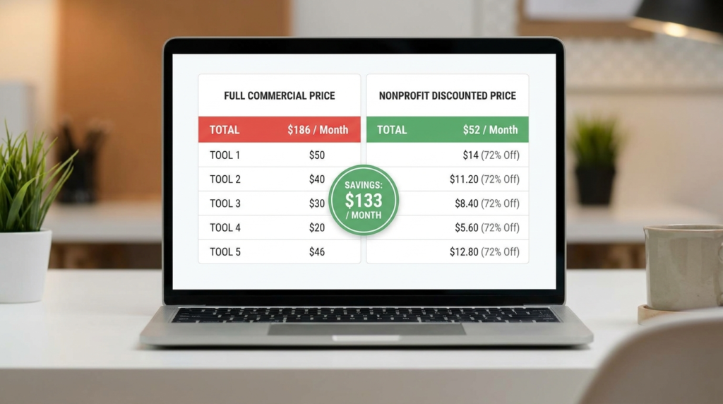 Nonprofit software cost comparison table showing full commercial price of $186 per month versus discounted nonprofit price of $52 per month with $133 monthly savings