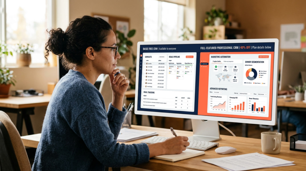 Comparison of HubSpot free CRM with basic contact records versus Professional plan with marketing automation and donor segmentation highlighting the 40 percent nonprofit discount