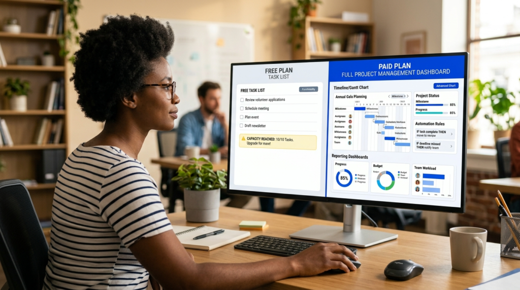 Comparison of free basic task list versus full featured paid project management dashboard with timeline automation and reporting highlighting the nonprofit discount difference