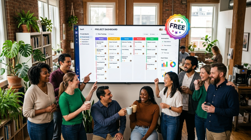 Nonprofit team of ten using a full featured colorful project management board with free seat badge showing private boards time tracking and automation features