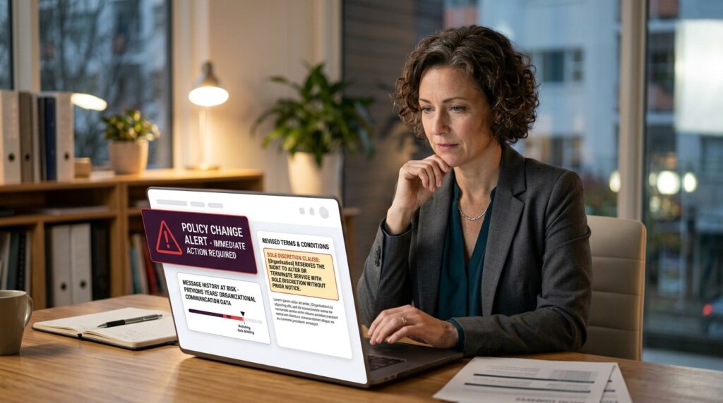 Nonprofit director reviewing a policy change warning notification showing sole discretion clause and organizational message history at risk with caution indicators