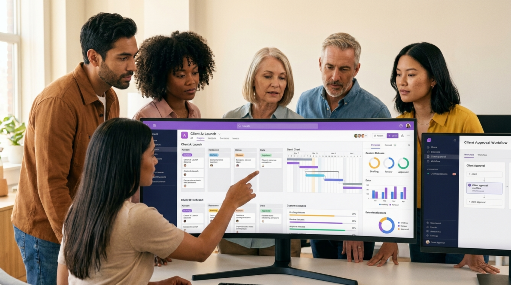 Marketing agency team collaborating around a customizable client workspace with multiple kanban and gantt views and client approval workflow