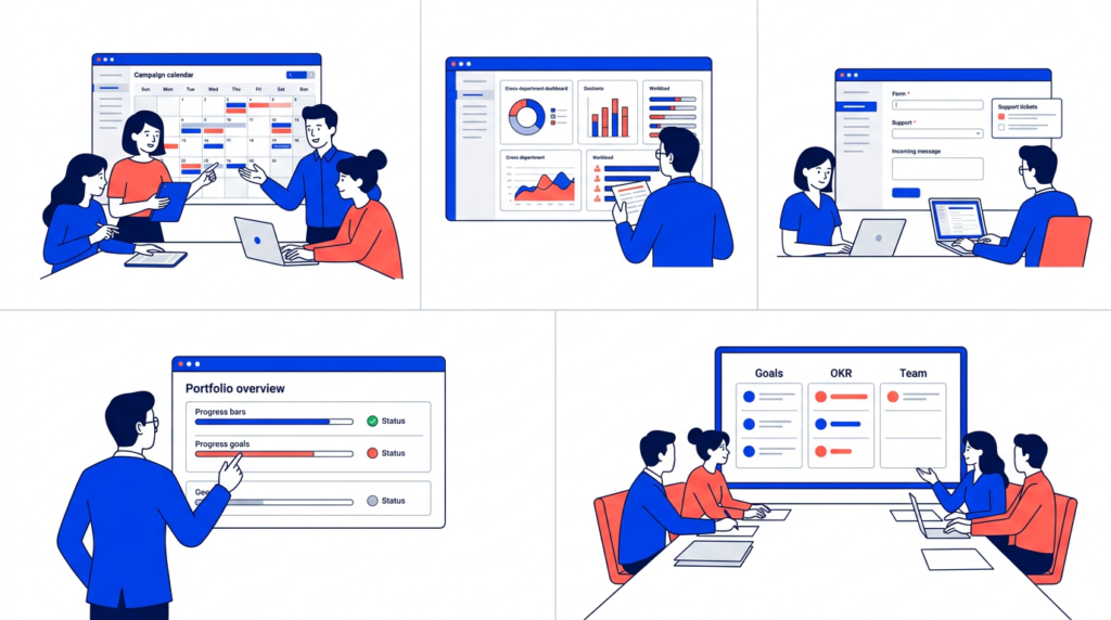 Illustration of five team types suited to Asana — marketing, operations, IT, mid-size companies, and leadership teams