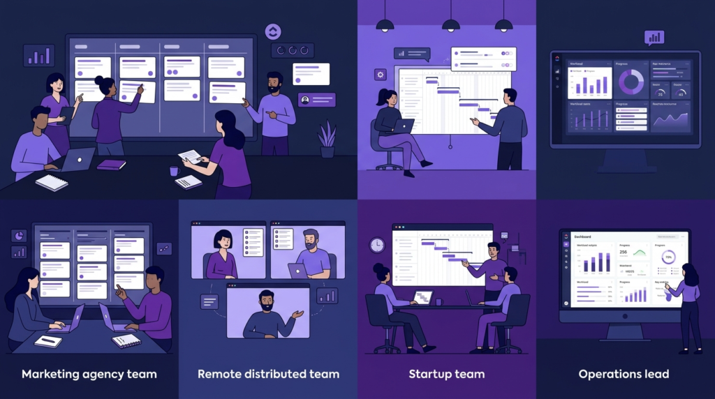 Illustration of four team types suited to ClickUp — marketing agency, remote team, startup, and operations lead
