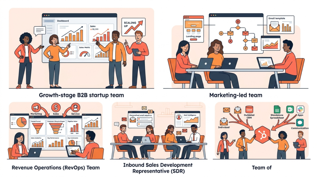Illustration of five team types suited to HubSpot — growth-stage B2B, marketing-led businesses, RevOps, inbound sales teams, and companies replacing point solutions