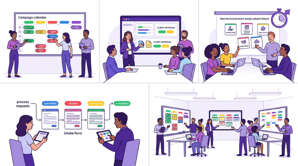 Illustration of five team types suited to monday.com — marketing, creative agencies, non-technical teams, operations, and small-to-mid businesses