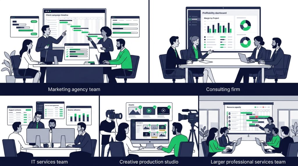 Illustration of five team types suited to Teamwork.com — marketing agency, consulting firm, IT services, creative production, and professional services teams