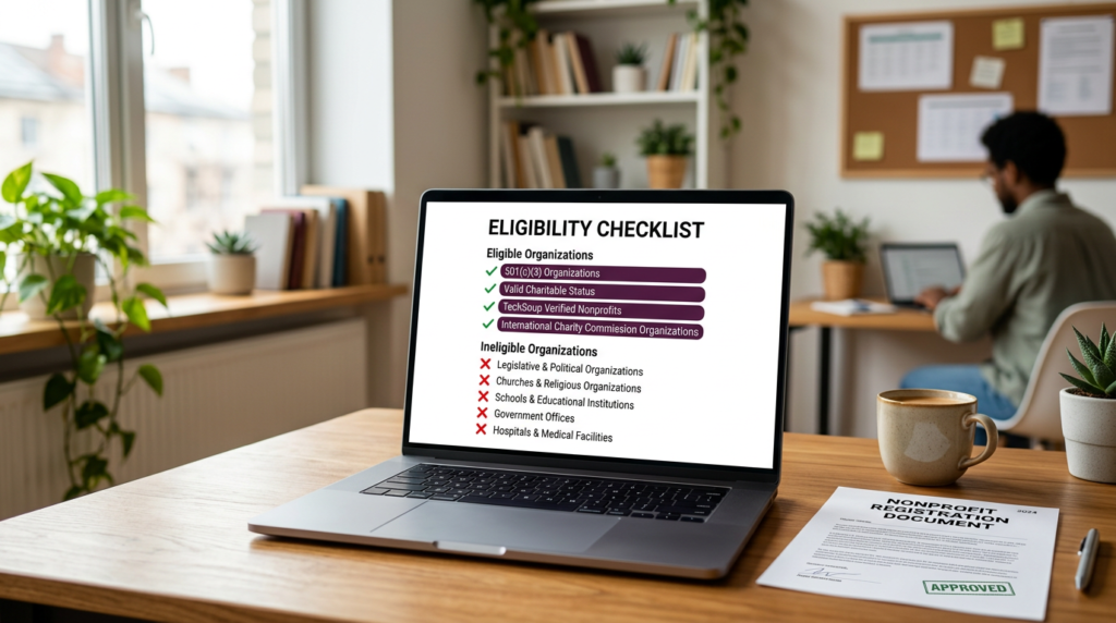 Slack nonprofit eligibility checklist showing green checkmarks for 501c3 organizations TechSoup verified nonprofits and charities with red exclusions for political organizations schools and hospitals